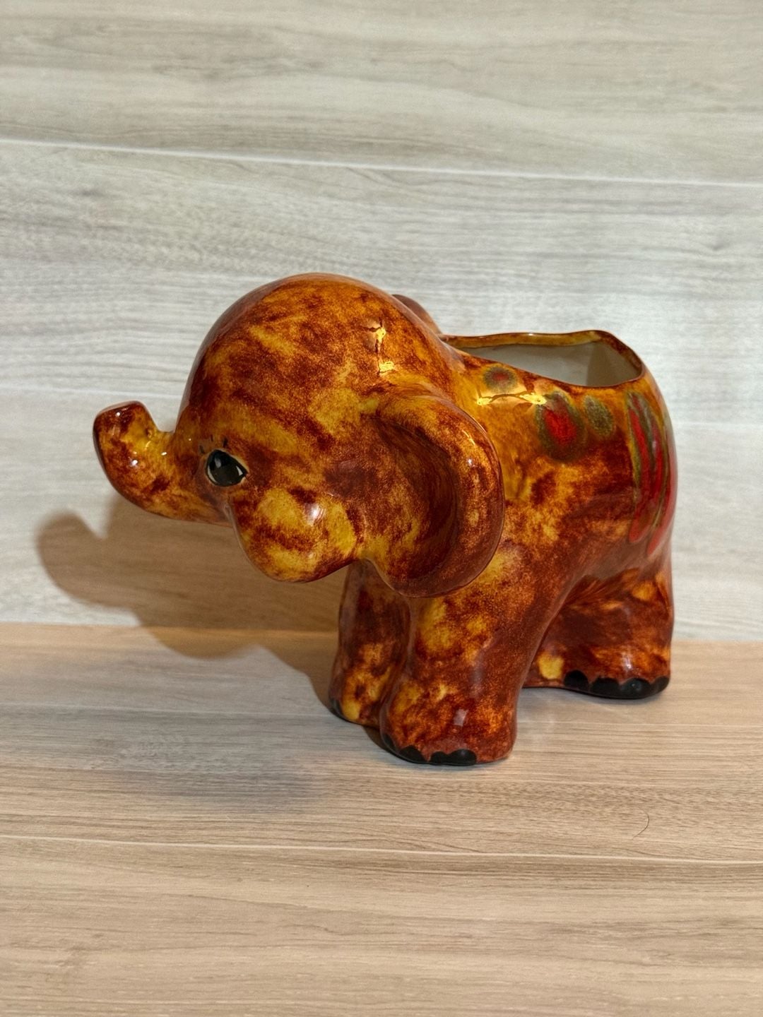 Vintage Ceramic Elephant Planter Figurine Brown Orange Drip 4