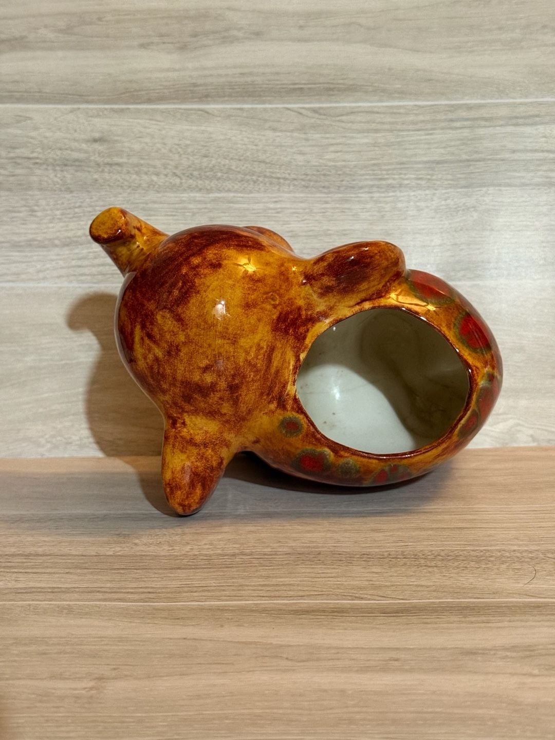 Vintage Ceramic Elephant Planter Figurine Brown Orange Drip 5