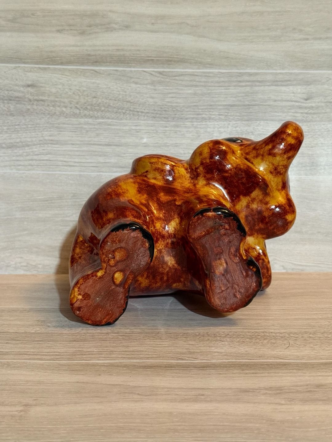 Vintage Ceramic Elephant Planter Figurine Brown Orange Drip 6