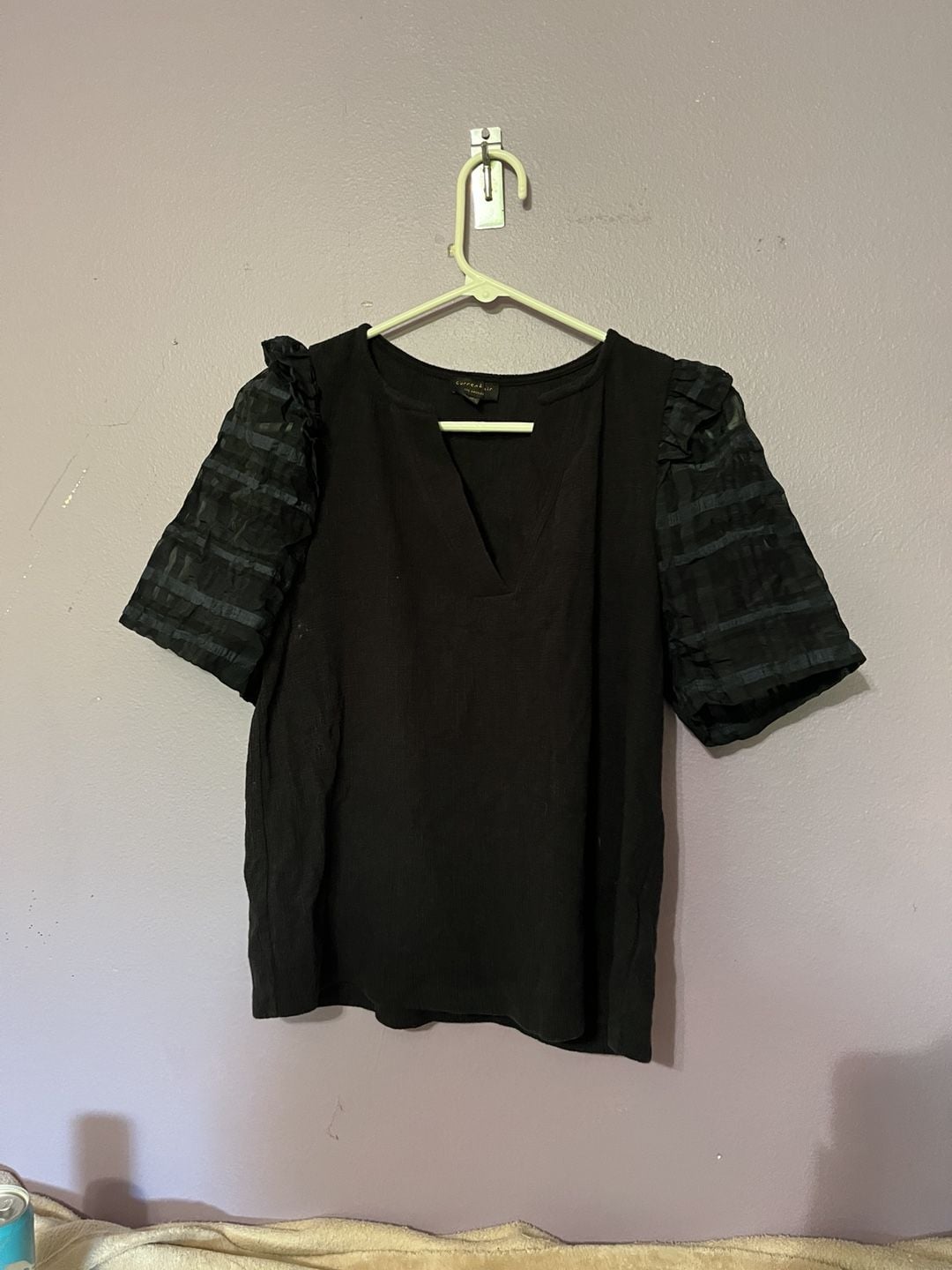 Current Air Blouse Size M Black V-Neck Ruffle Puff Sleeve Top 2