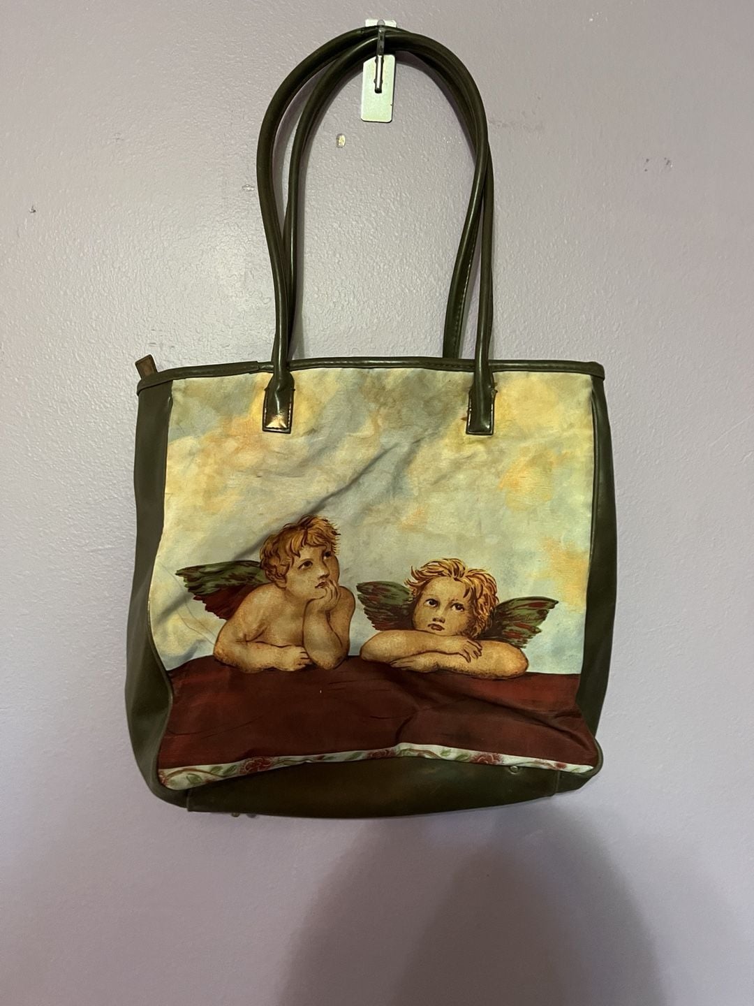 Vintage Raphael Sistine Madonna Cherubs Art Tote Bag Green 2