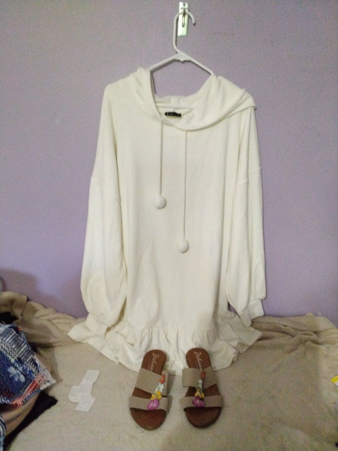 Very J Hoodie Size L White Long Sleeve Pom Pom Sweatshirt Dress 4