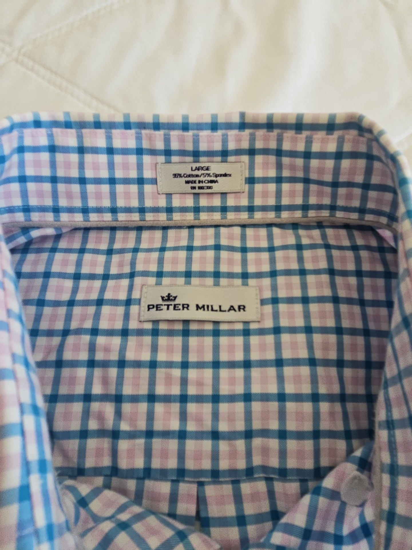 Peter Millar Button-Down Shirt Size Large Blue Plaid Long Sleeve 3