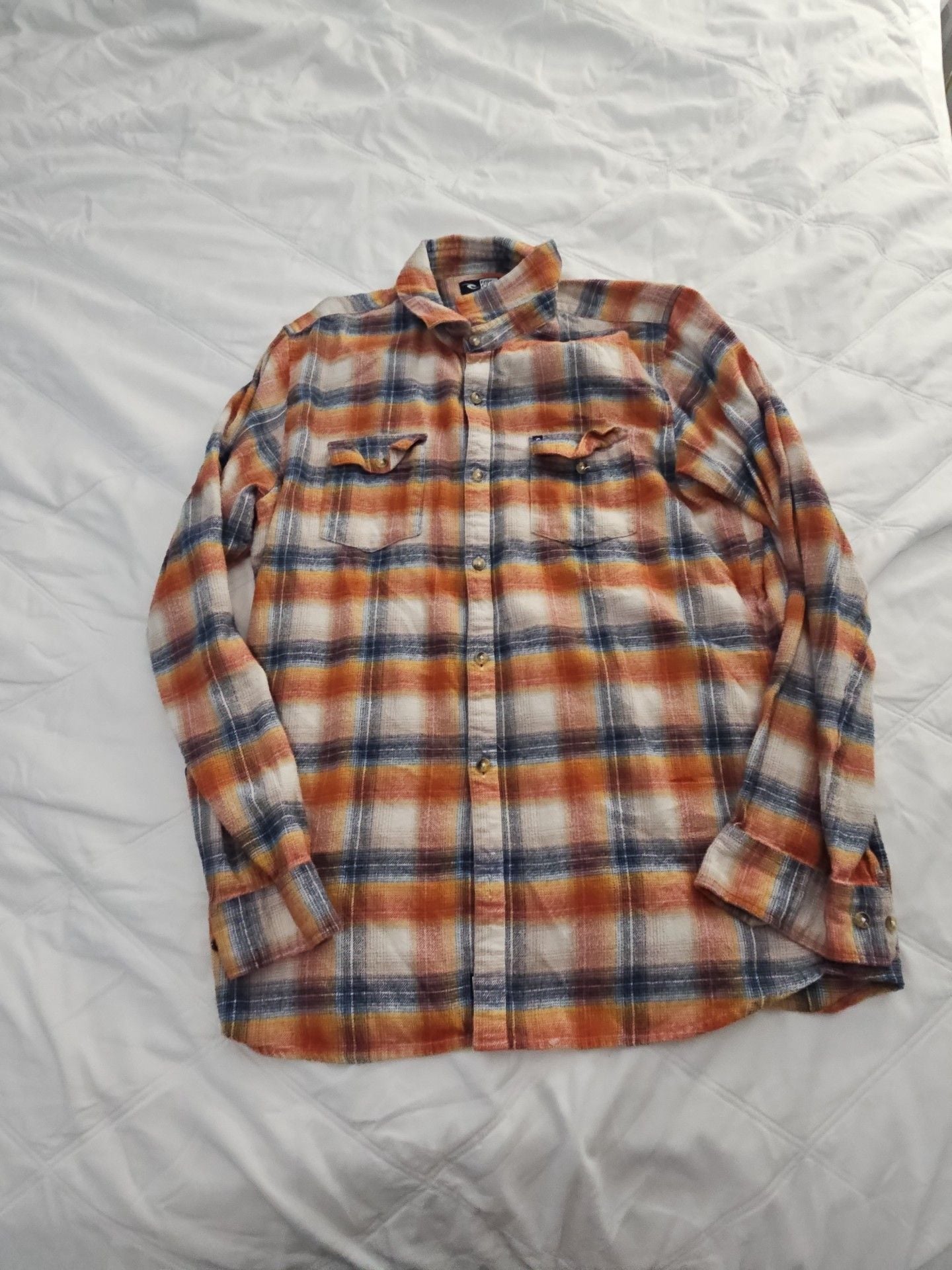 Rip Curl Flannel Shirt Size L Orange Plaid Long Sleeve Slim Fit 2