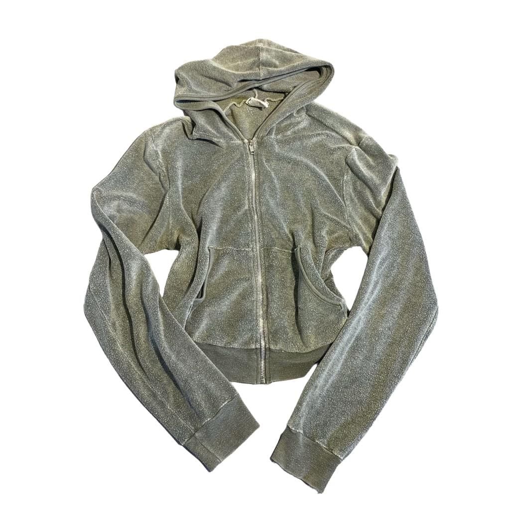 Velour Zip Up Hoodie Size M Green Cropped Long Sleeve 2