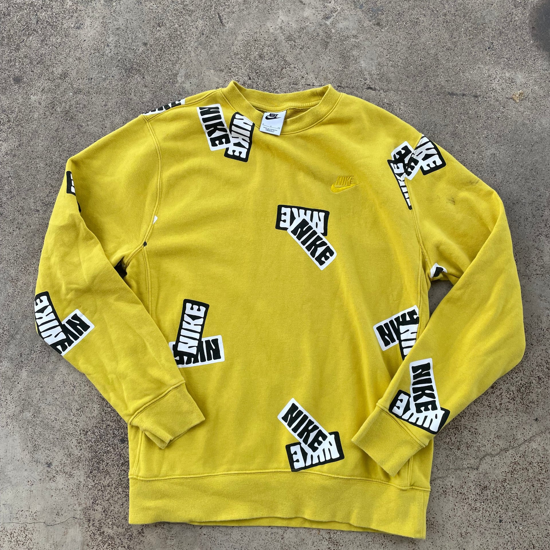NIKE Sweater Men Medium Yellow All Over Sticker Logo Sweatshirt NEW French Terry | eBay, * 1