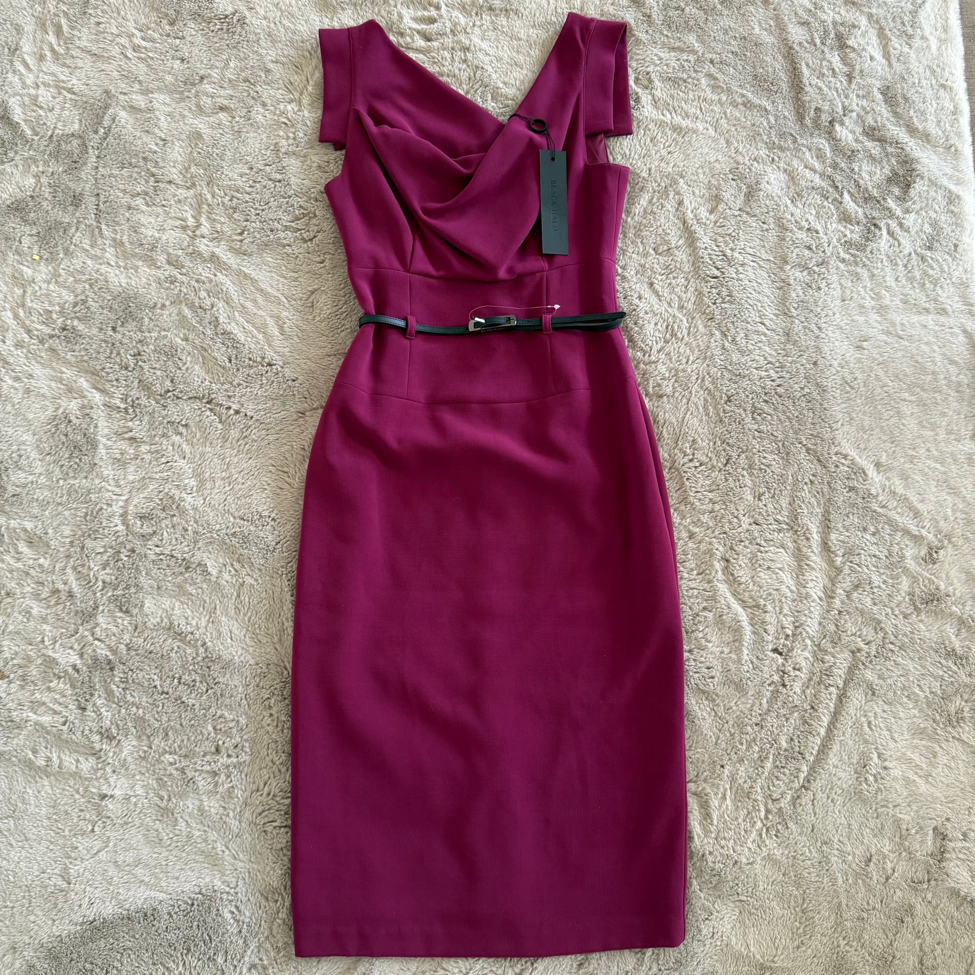 NWT Black Halo Jackie O Sleeveless V-Neck Midi Belted Sheath Dress Burgundy Size 2 Party Formal 4