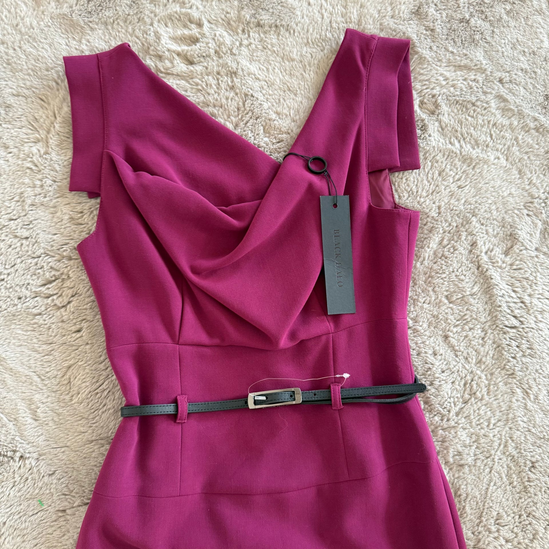 NWT Black Halo Jackie O Sleeveless V-Neck Midi Belted Sheath Dress Burgundy Size 2 Party Formal 5
