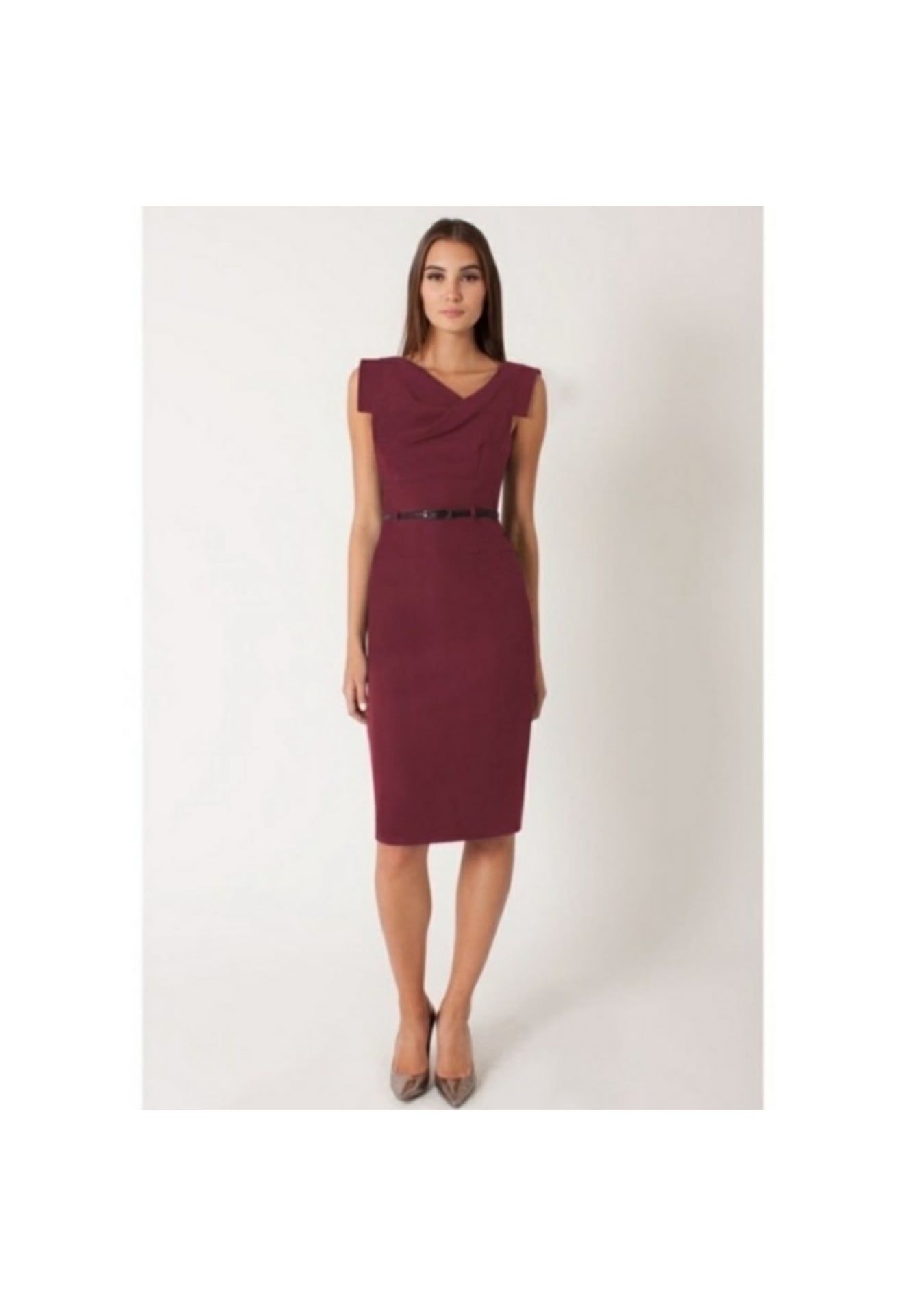 NWT Black Halo Jackie O Sleeveless V-Neck Midi Belted Sheath Dress Burgundy Size 2 Party Formal 1