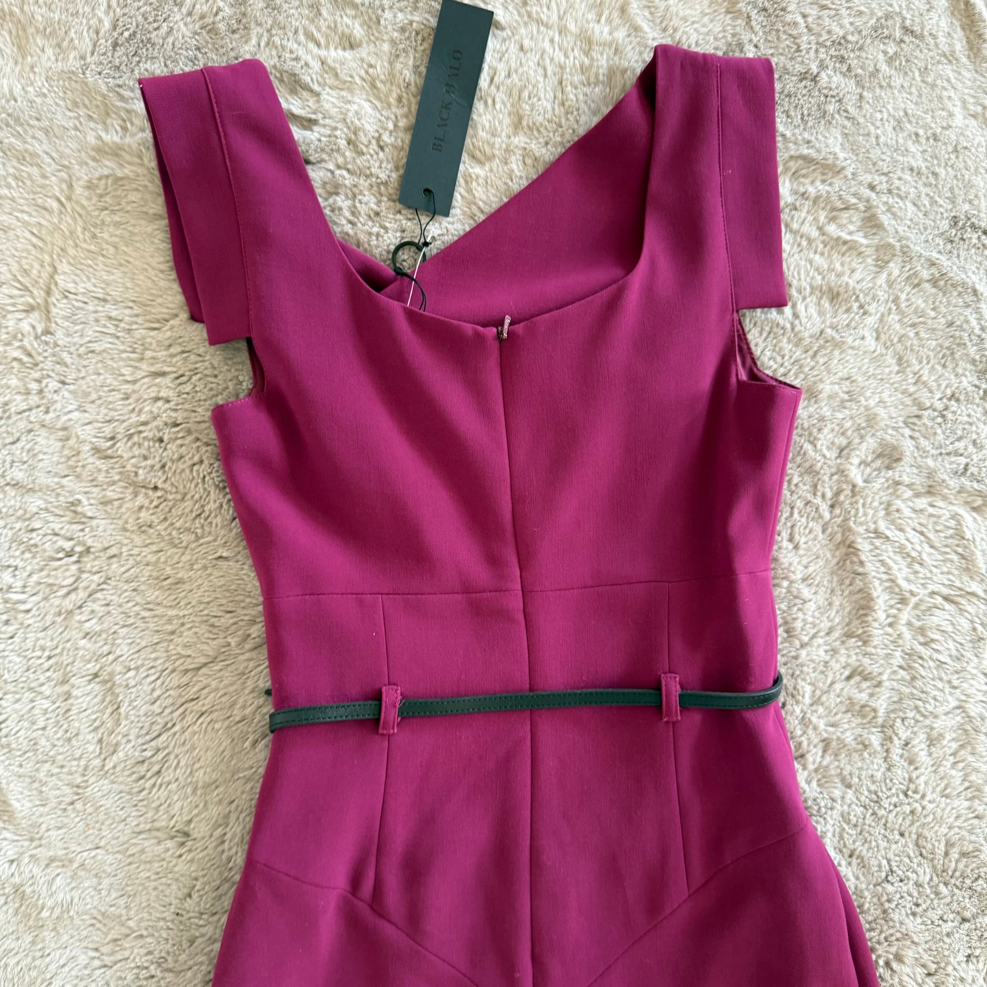 NWT Black Halo Jackie O Sleeveless V-Neck Midi Belted Sheath Dress Burgundy Size 2 Party Formal 15
