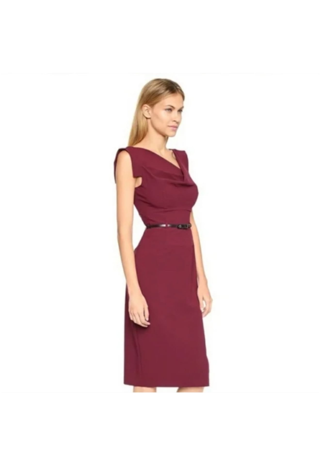 NWT Black Halo Jackie O Sleeveless V-Neck Midi Belted Sheath Dress Burgundy Size 2 Party Formal 3