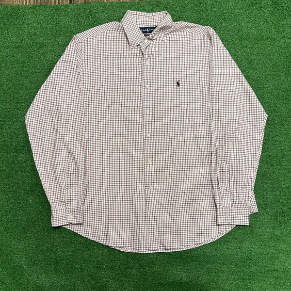 RALPH LAUREN Mens Long Sleeve Red Blue Window Pane Button Down Dress Shirt Sz XL