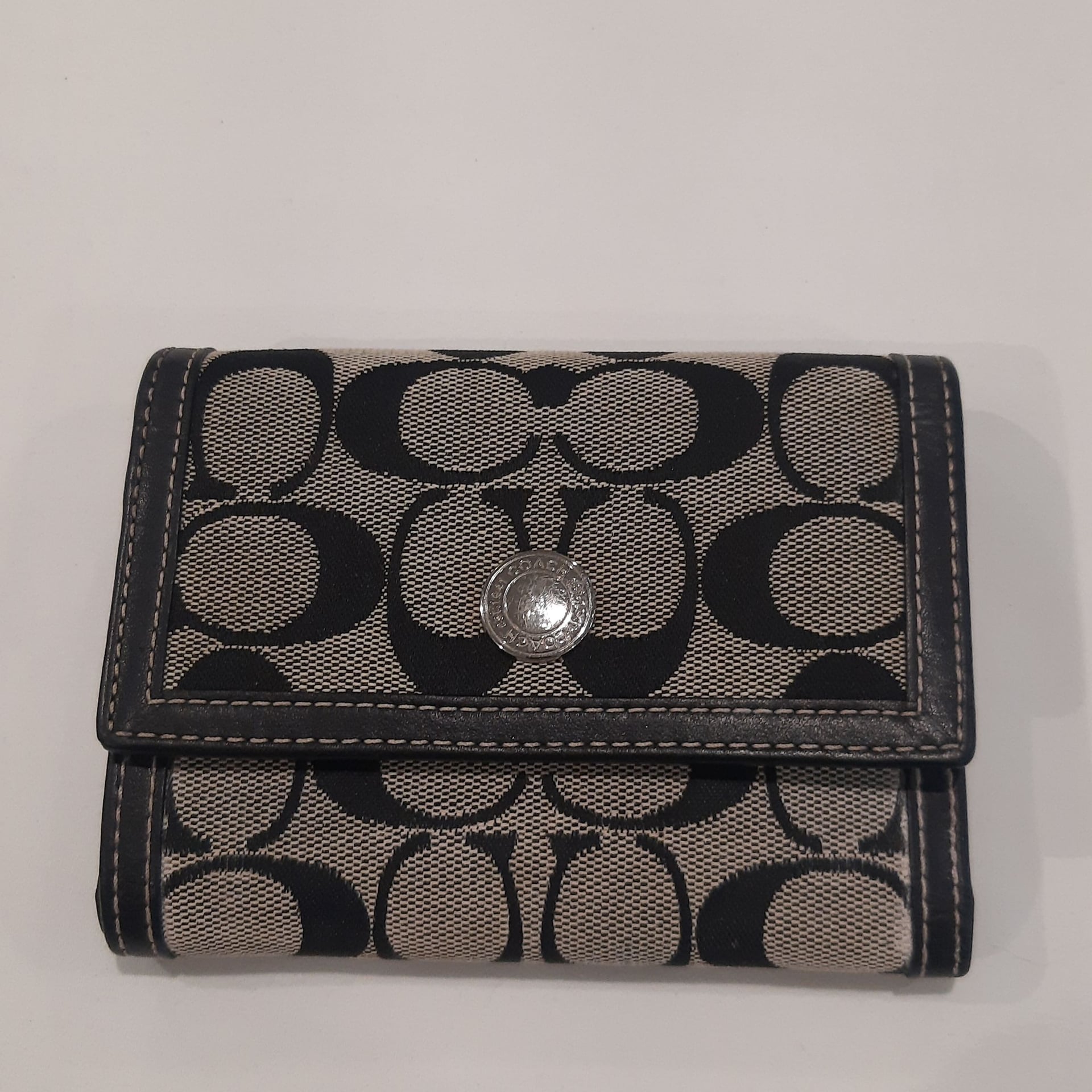 COACH Brown Signature Canvas Trifold Wallet Snap Closure Silver Hardware 1