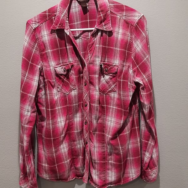Red Plaid Flannel Button-Down Shirt Bit & Bridle, Size L, Western Style, Women