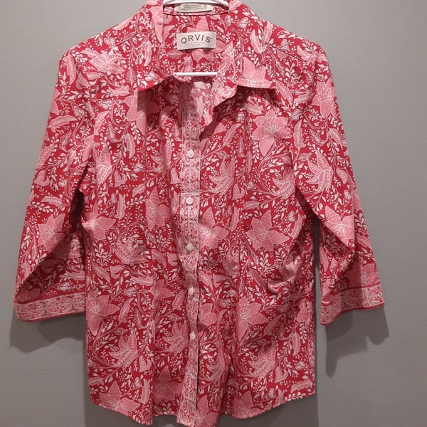 Women's Red Floral Button-Up Shirt Orvis SIZE M Cotton