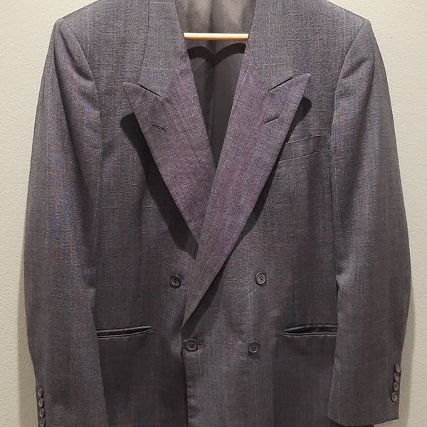 VINTAGE Men's Double-Breasted Grey Blue Suit Jacket by Nino Cerruti, tailored by Lou Dramin Size L