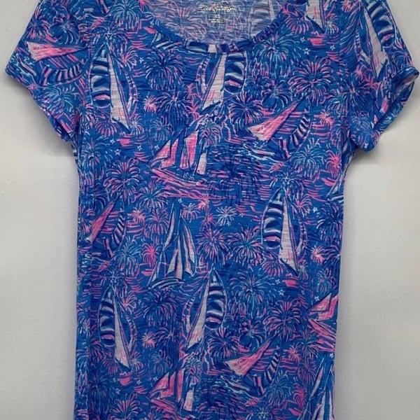 Lilly Pulitzer Etta Scoop Neck Top Short Sleeve It´s A Sailabration Sz M