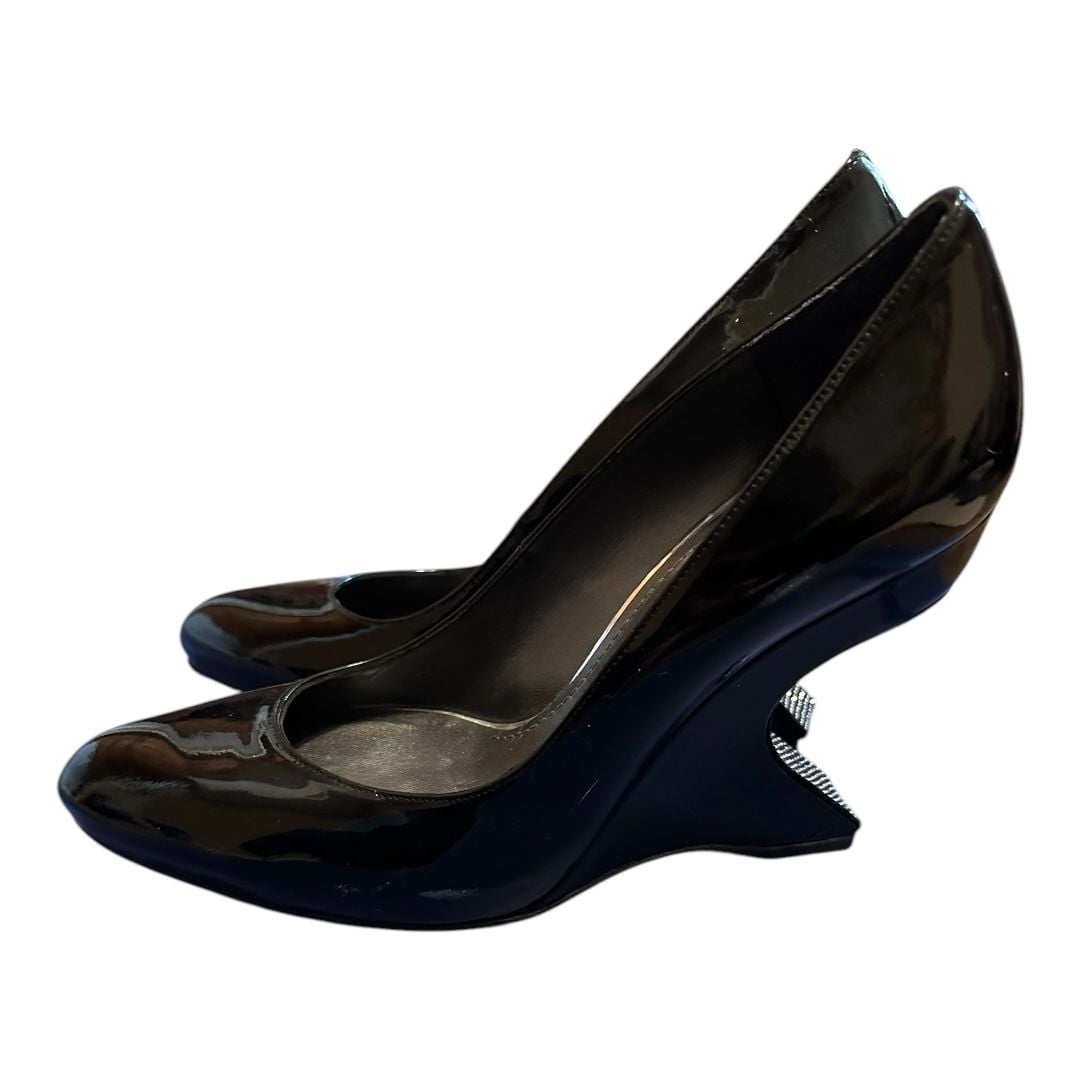Stuart Weitzman Black Patent Leather 4”Stone Wedge Heels Size 9M Retail $398 3