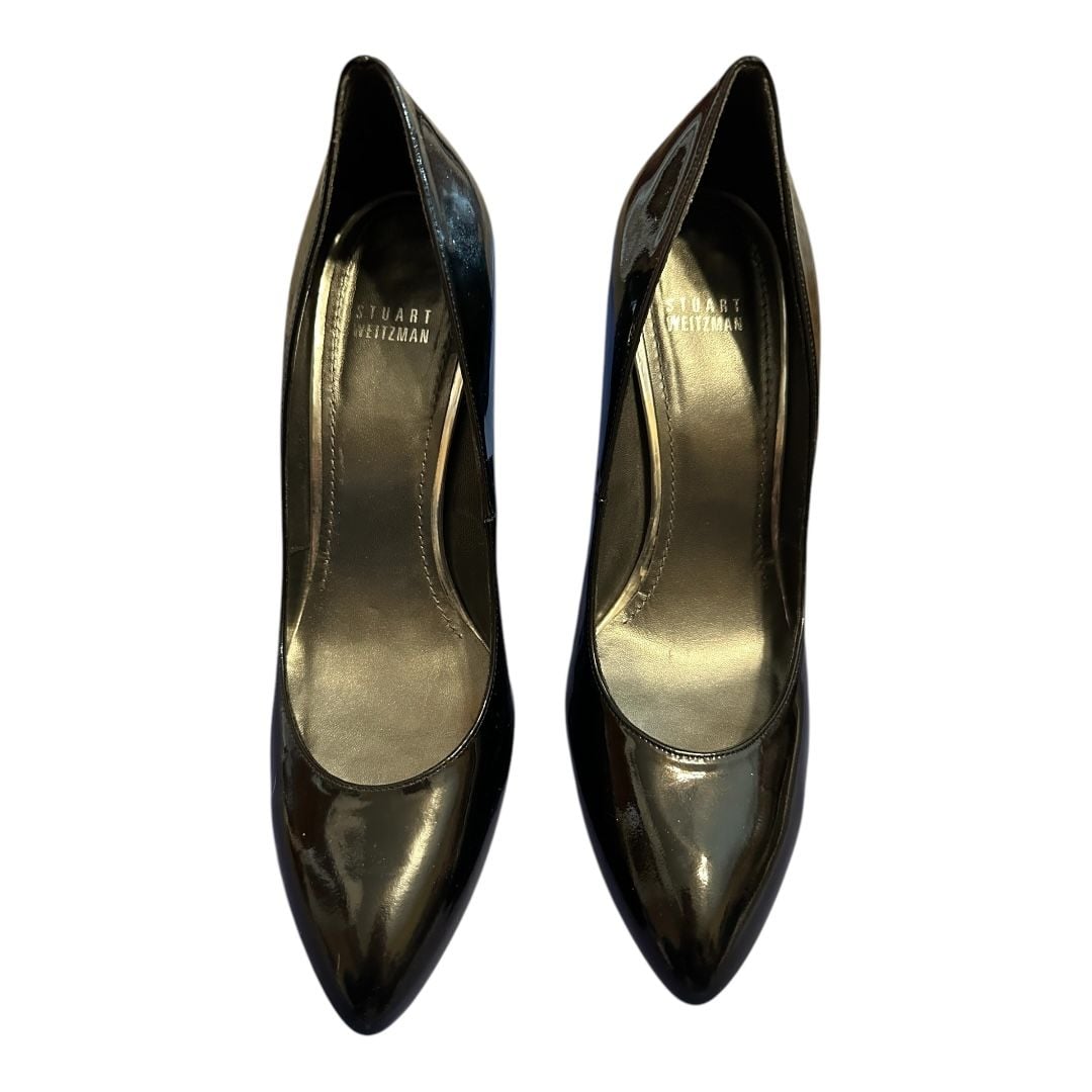 Stuart Weitzman Black Patent Leather 4”Stone Wedge Heels Size 9M Retail $398 2