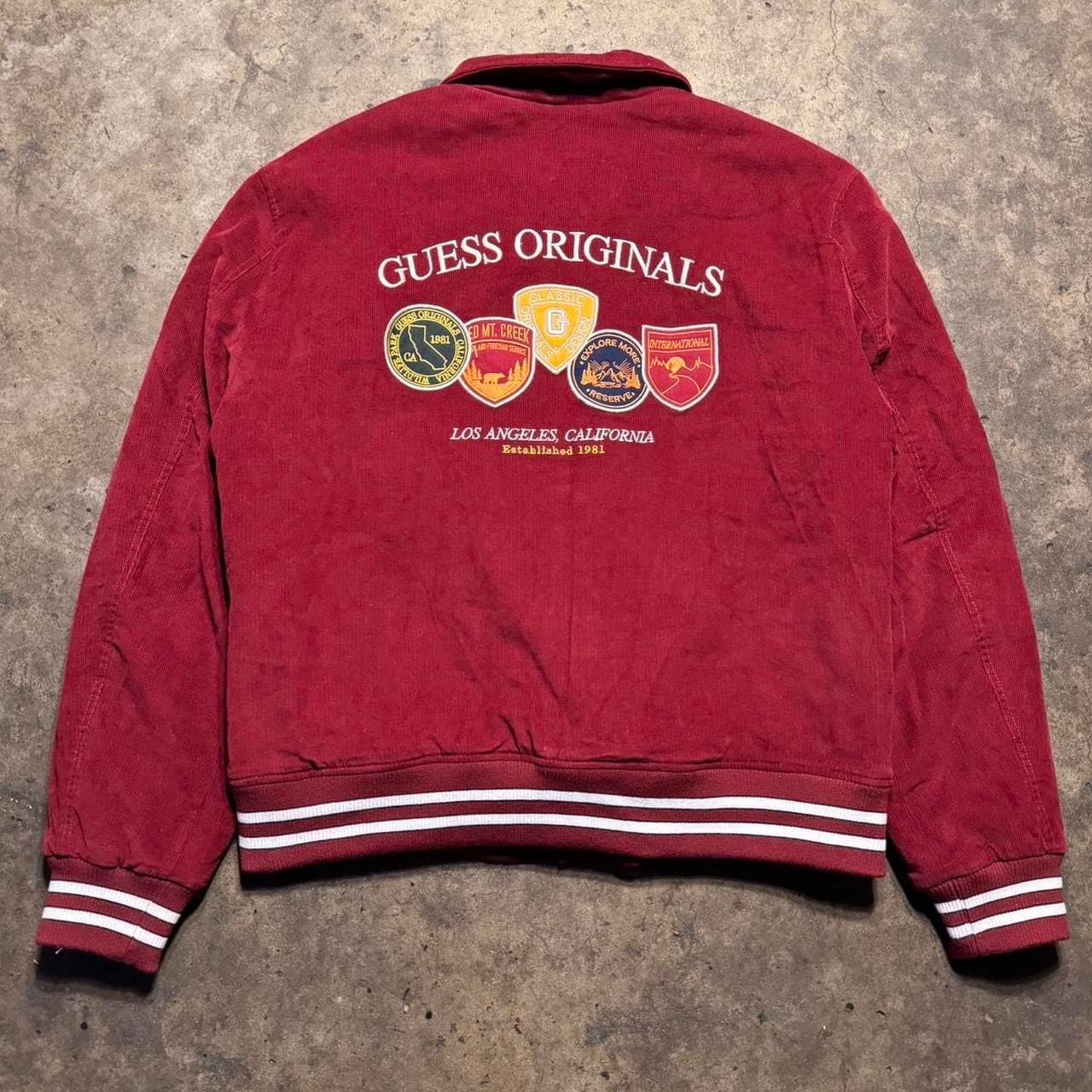 Guess varsity burgundy jacket with gold quilted lining and patches Large
6