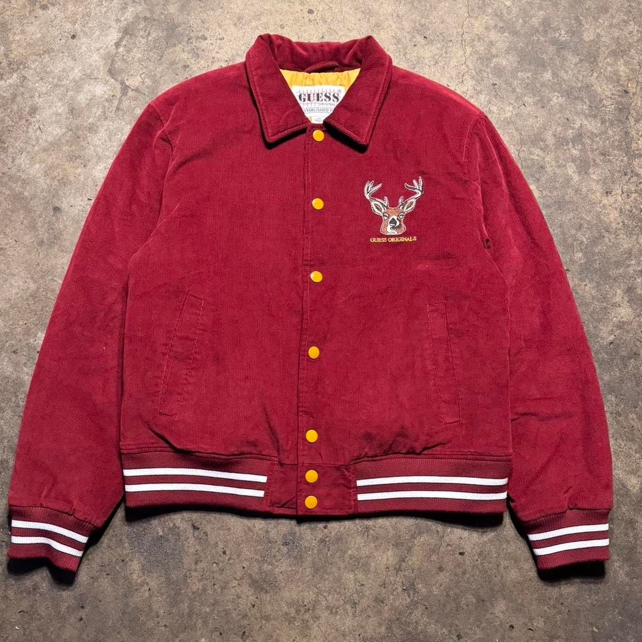 Guess varsity burgundy jacket with gold quilted lining and patches Large
3