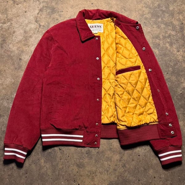 Guess varsity burgundy jacket with gold quilted lining and patches Large

