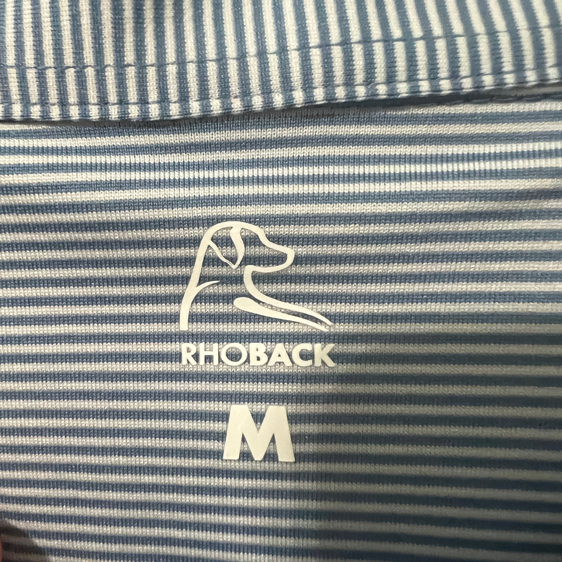 Rhoback The Crispy Stripe Blue White Striped Polo Shirt with Embroidered Logo Size Medium 4