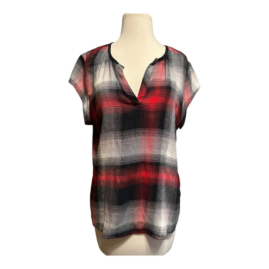 Anthropologie Cloth & Stone Short Sleeve Buffalo Plaid High Low Popover Top Red Size Medium 2