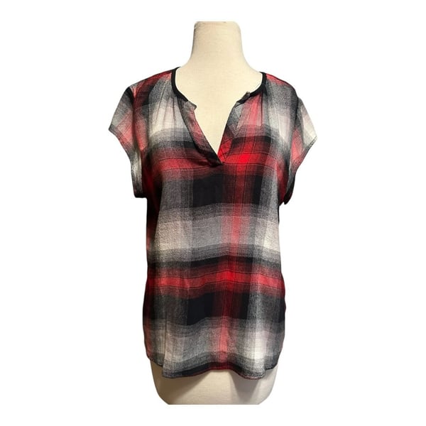 Anthropologie Cloth & Stone Short Sleeve Buffalo Plaid High Low Popover Top Red Size Medium