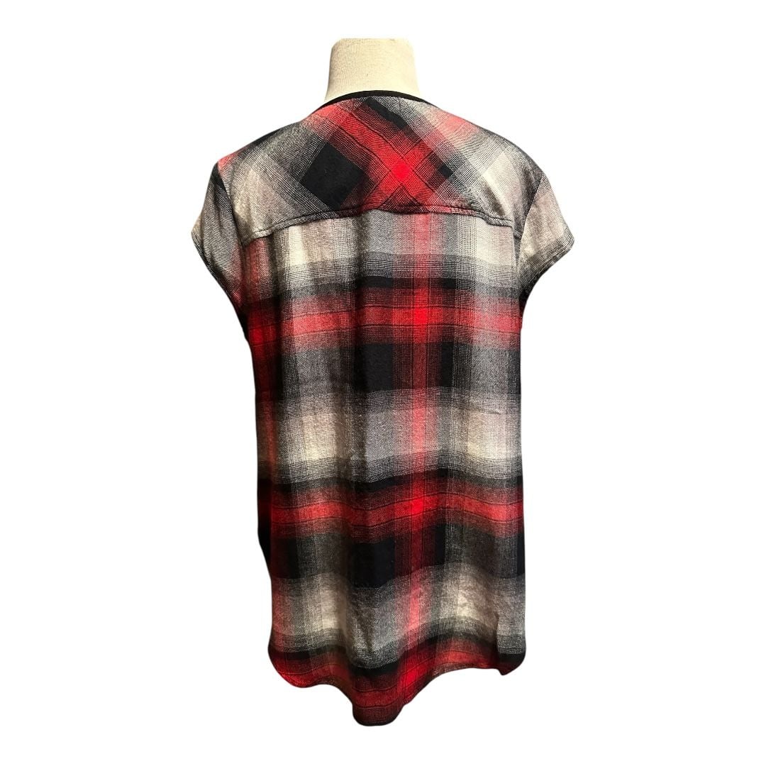 Anthropologie Cloth & Stone Short Sleeve Buffalo Plaid High Low Popover Top Red Size Medium 3