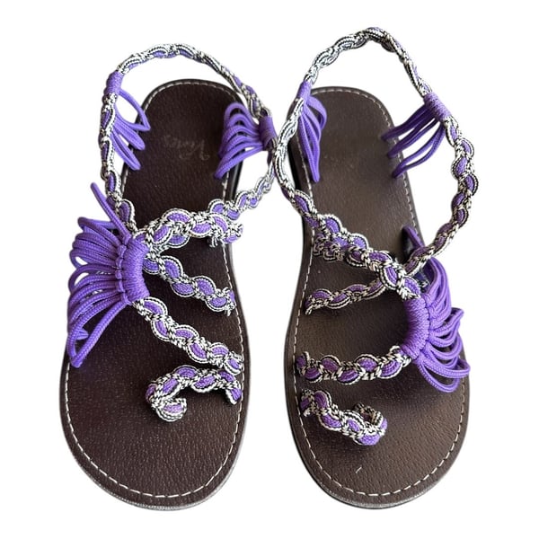 Free Way Vines Women's Hand-woven Flat sandals, Lightweight  Casual Purple White 7.5 