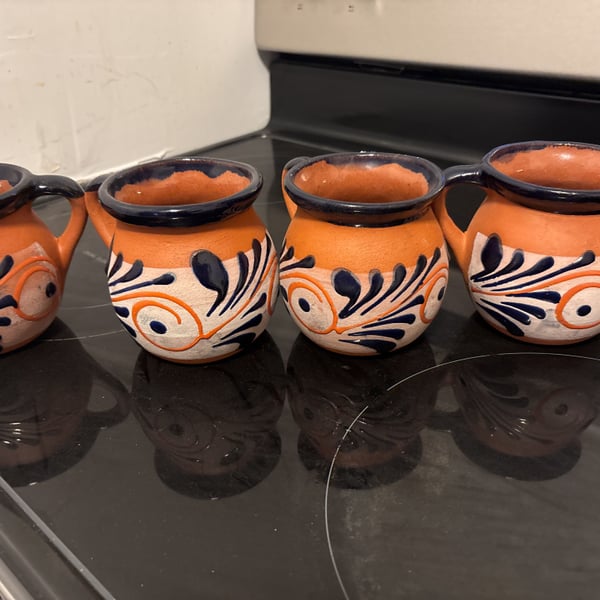 Handmade Red Clay Mexican Jarritos/mugs 4pc Set Jarritos Engobados Hechos a Mano Blue Talavera - ,