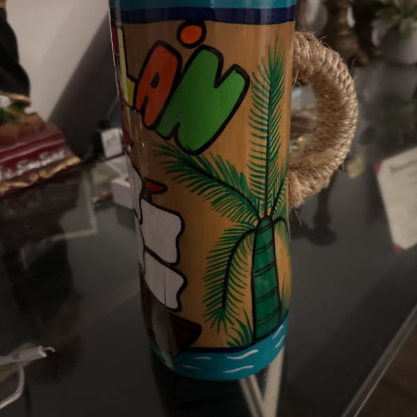 Collectable Hand Painted Mexican Bamboo Tiki Mugs With Rope Wrapped Handles - ,