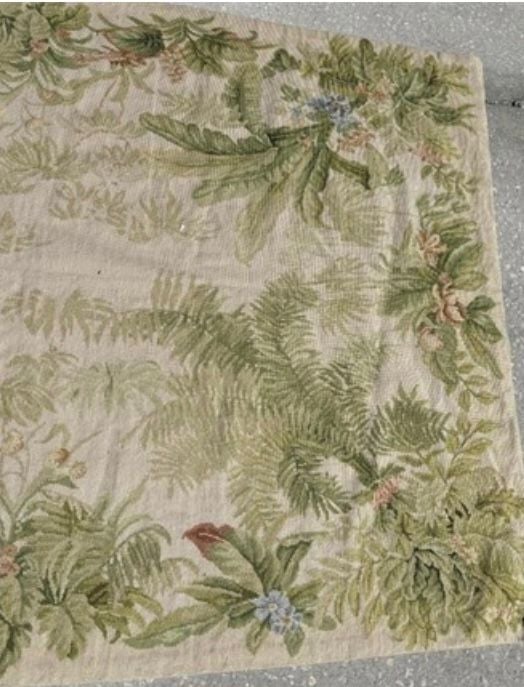 Needlepoint Hand Stitched Palm Tree Design Rug 4’ by 6’ Borders Intact Great Color 3