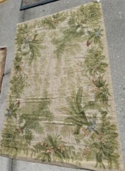 Needlepoint Hand Stitched Palm Tree Design Rug 4’ by 6’ Borders Intact Great Color 1