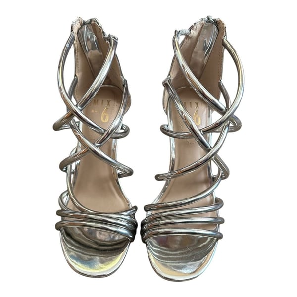 Mix No. 6 Women’s Sz 6 Silver Ria Metallic Sandal Zip Backs 3.5” Stiletto Heel 