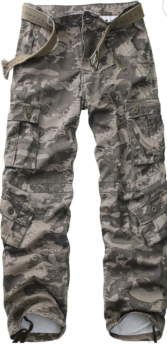 AKCARGO Cargo Pants for Men Casual Outdoor Relaxed Fit Camo Work Pants with 8 Pockets No Belt Battlefield Camo 30 at Amazon Men's Clothing store, $33* 2