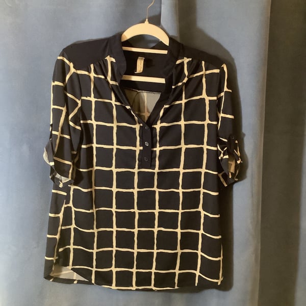 Navy Check Print Rolled Sleeve Blouse