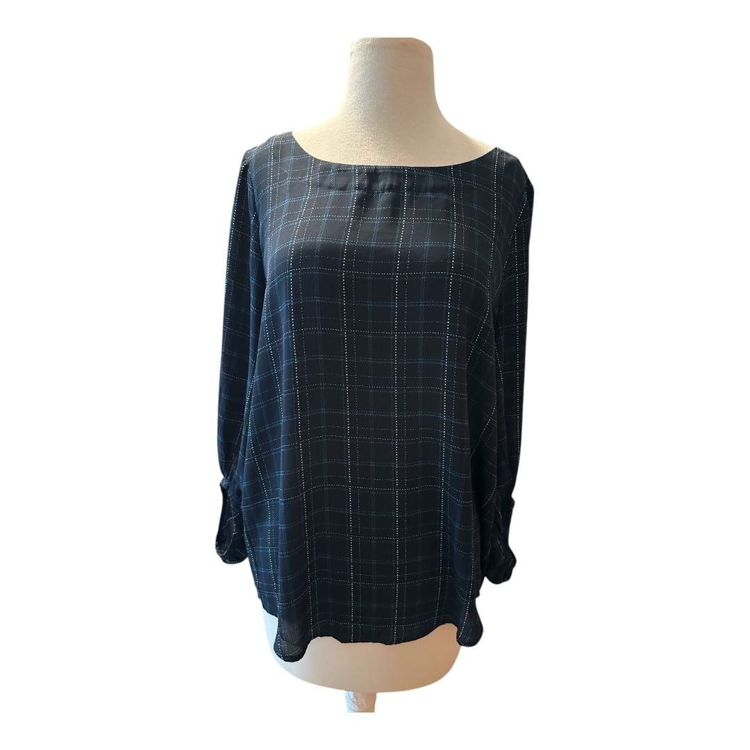 Ann Taylor Loft Pullover Blouse 3/4 Sleeve Boat Neck Blue Cream Plaid Sz Med 2