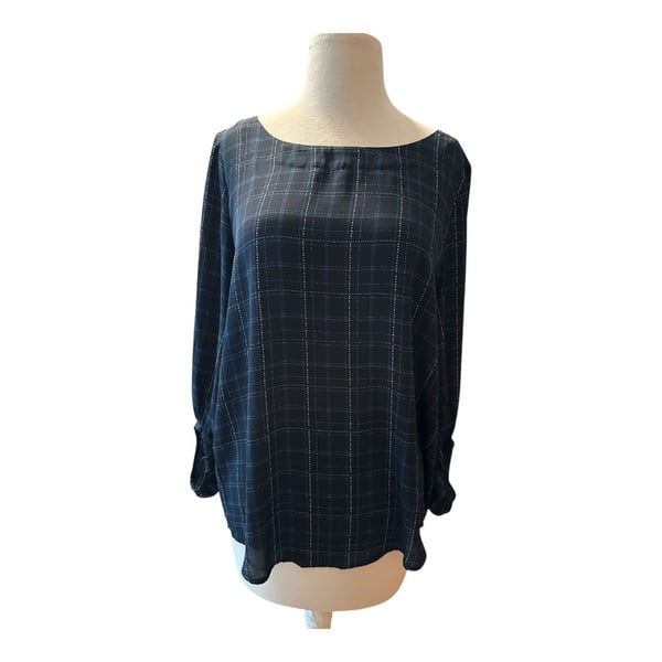 Ann Taylor Loft Pullover Blouse 3/4 Sleeve Boat Neck Blue Cream Plaid  Sz Med