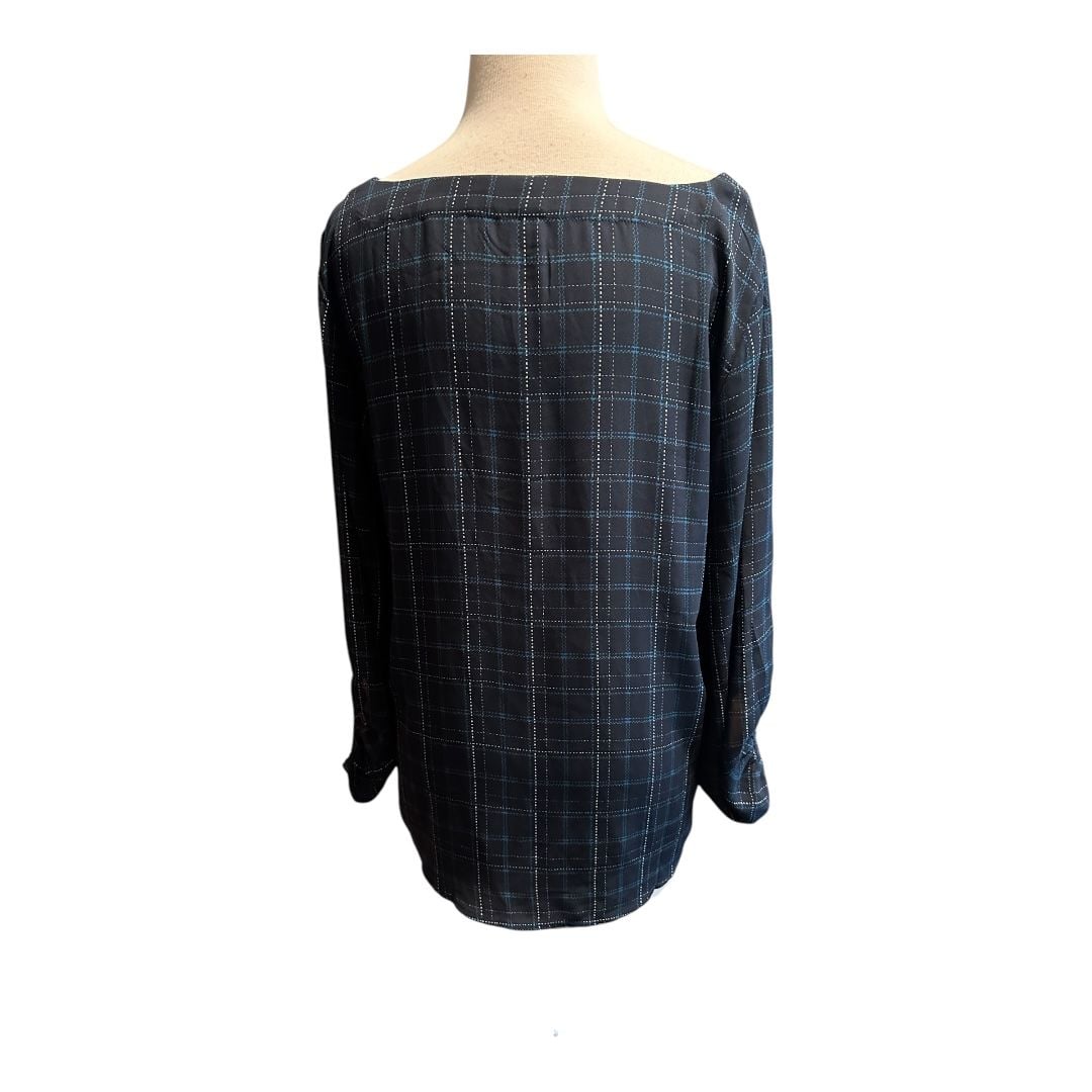 Ann Taylor Loft Pullover Blouse 3/4 Sleeve Boat Neck Blue Cream Plaid Sz Med 3