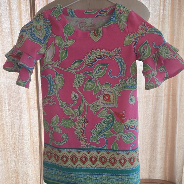 Super cute - PAPPAGALLO - Girl's Pink Green Floral Ruffle Sleeve Dress - Size XS 4-5
