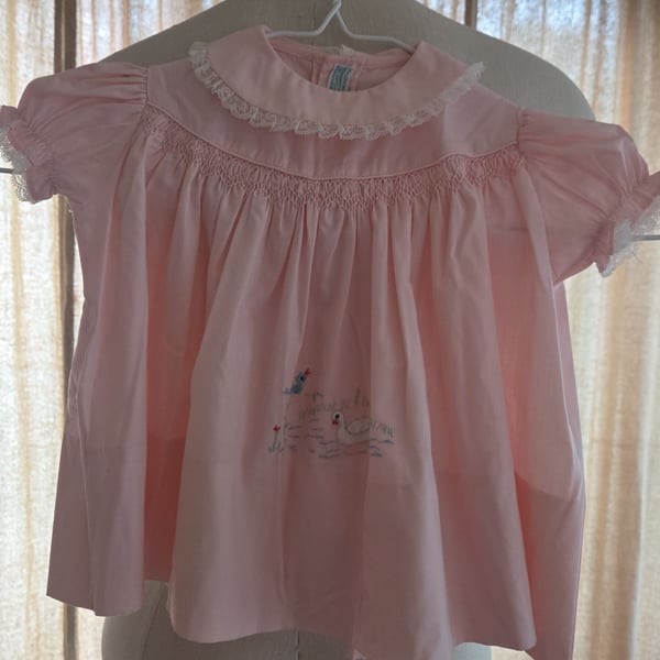 Vintage - CHERUBS - Baby Girl - Pink Embroidered Duck/Bird Lace Dress - Size 0-3 mon.