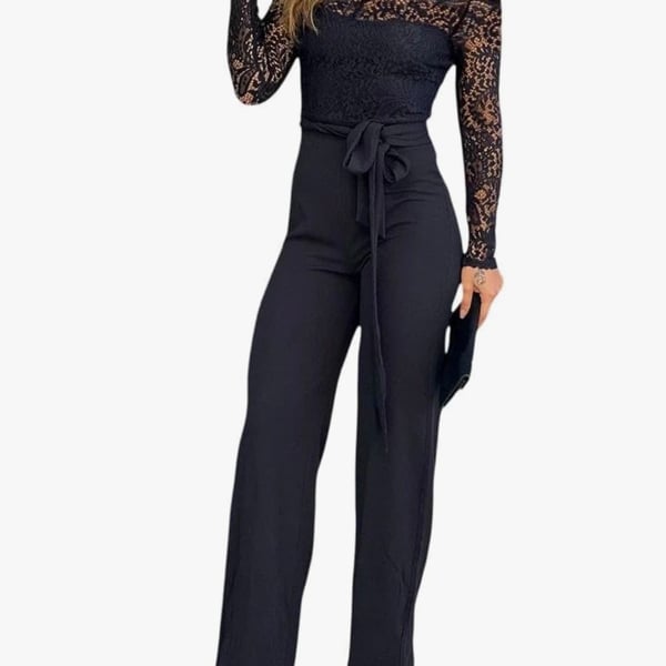 Elegant Black Long-Sleeve Gown with Sheer Details