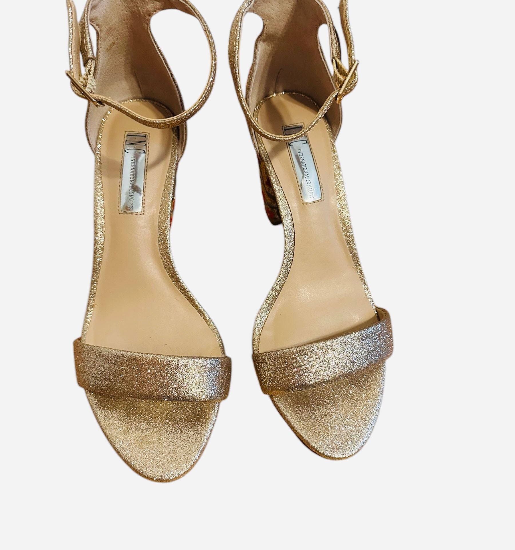 INC Womens Gold Floral Kivah Round Toe Block Heel Buckle Dress Sandals 6.5 2