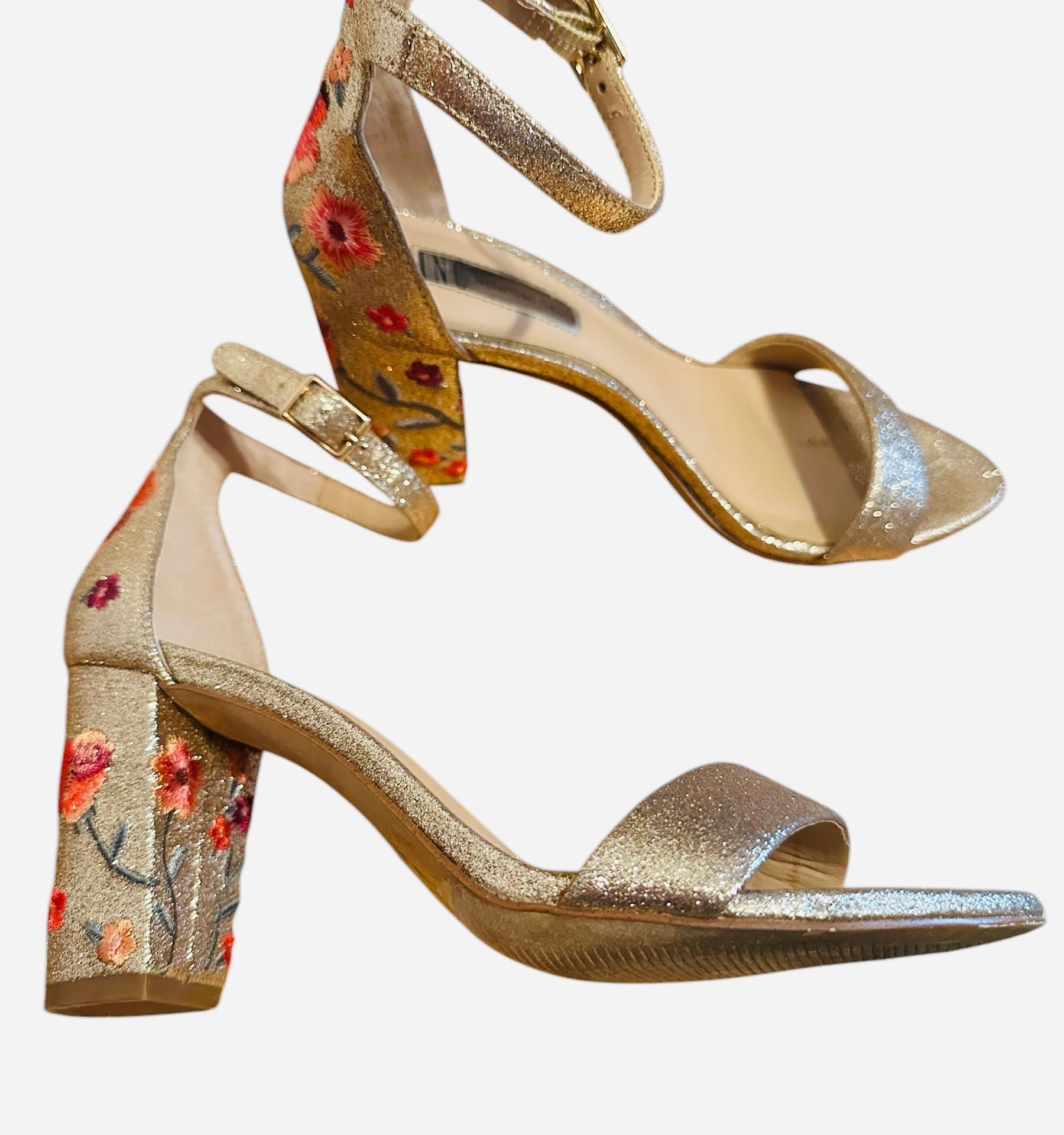INC Womens Gold Floral Kivah Round Toe Block Heel Buckle Dress Sandals 6.5 3