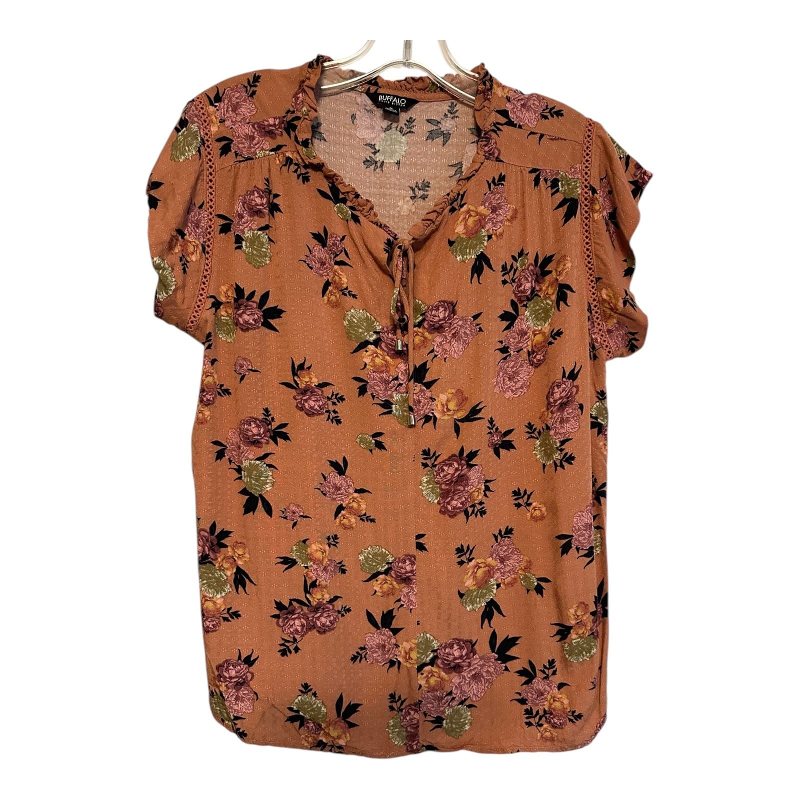 Buffalo David Bitton Womens MED Orange and Pink Floral Cap Sleeve Blouse 2