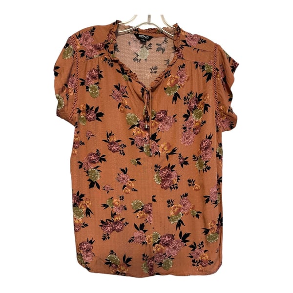Buffalo David Bitton Womens MED Orange and Pink Floral Cap Sleeve Blouse 