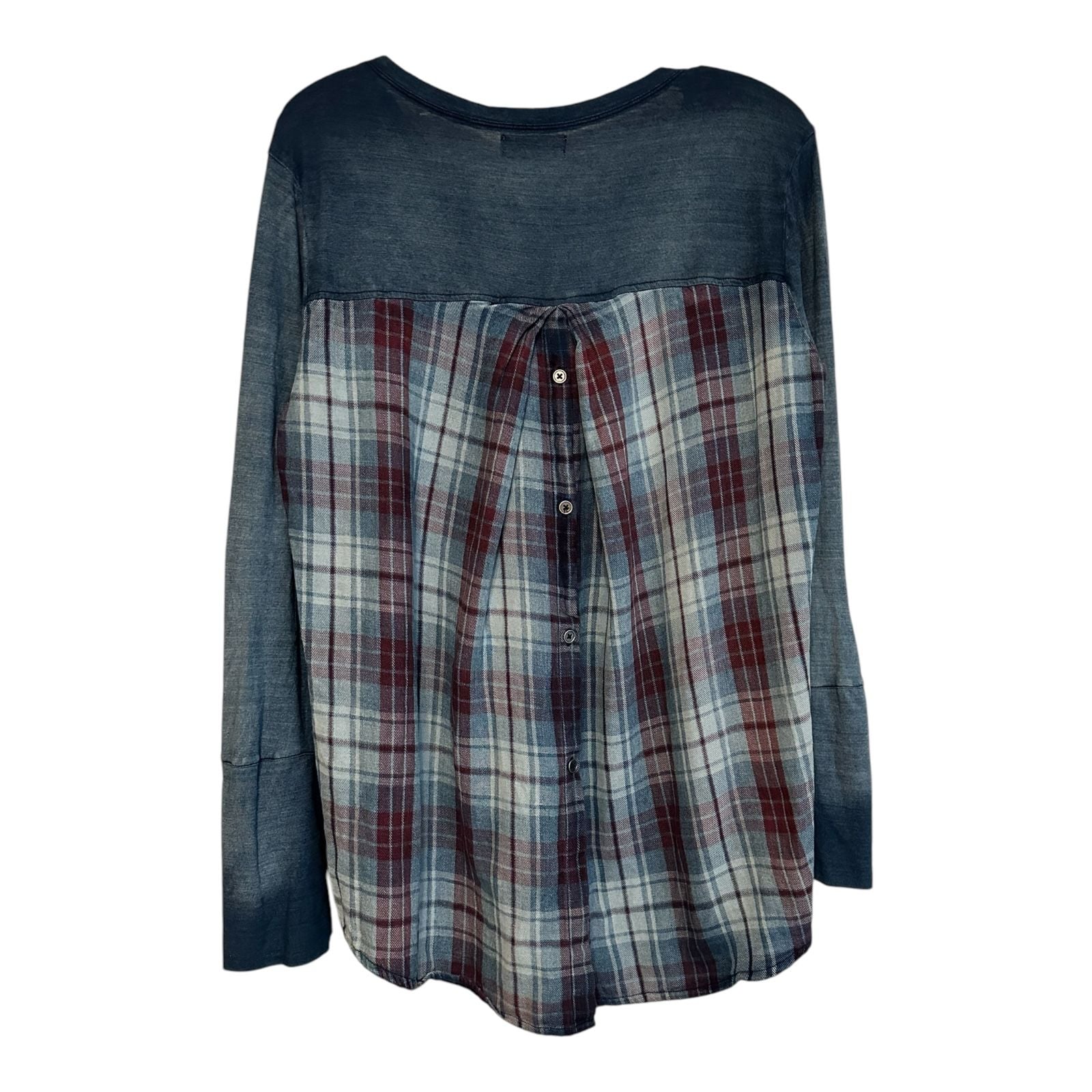 Anthropology Cloth & Stone Womens MED Blue Ombre Blouse Adj Flare Sleeve Plaid 5