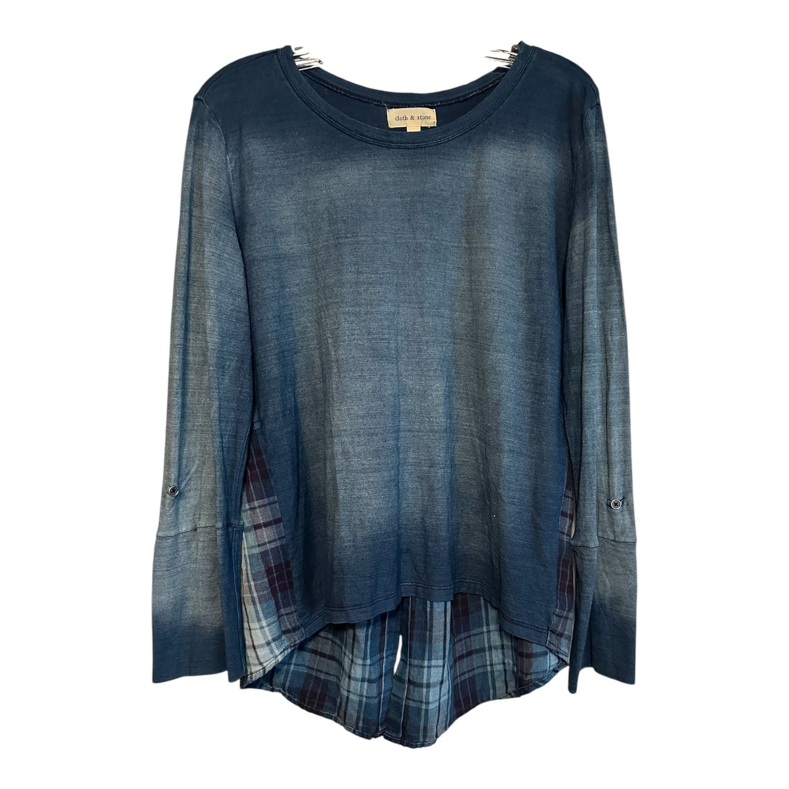 Anthropology Cloth & Stone Womens MED Blue Ombre Blouse Adj Flare Sleeve Plaid 3